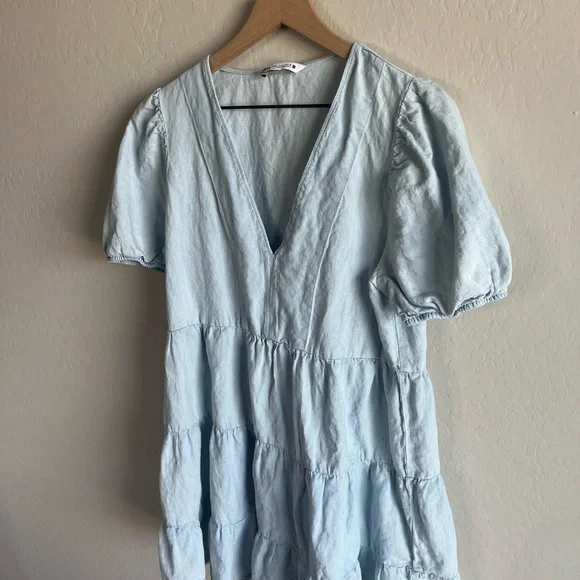 Zara Blue Linen Blend Womens Puff Sleeve Mini Sundress - Picture 4 of 6